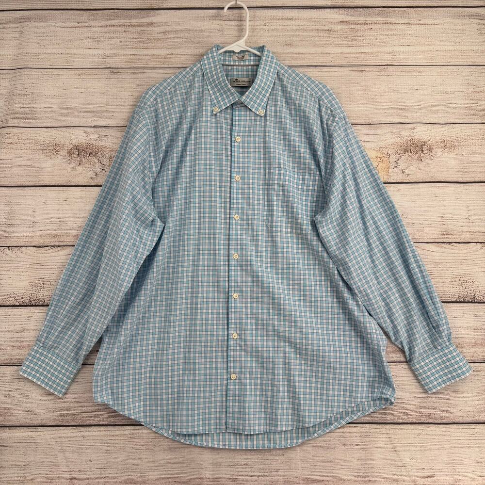 Peter Millar Crown Finish Checkered Button Down Shirt Mens XL Blue White
